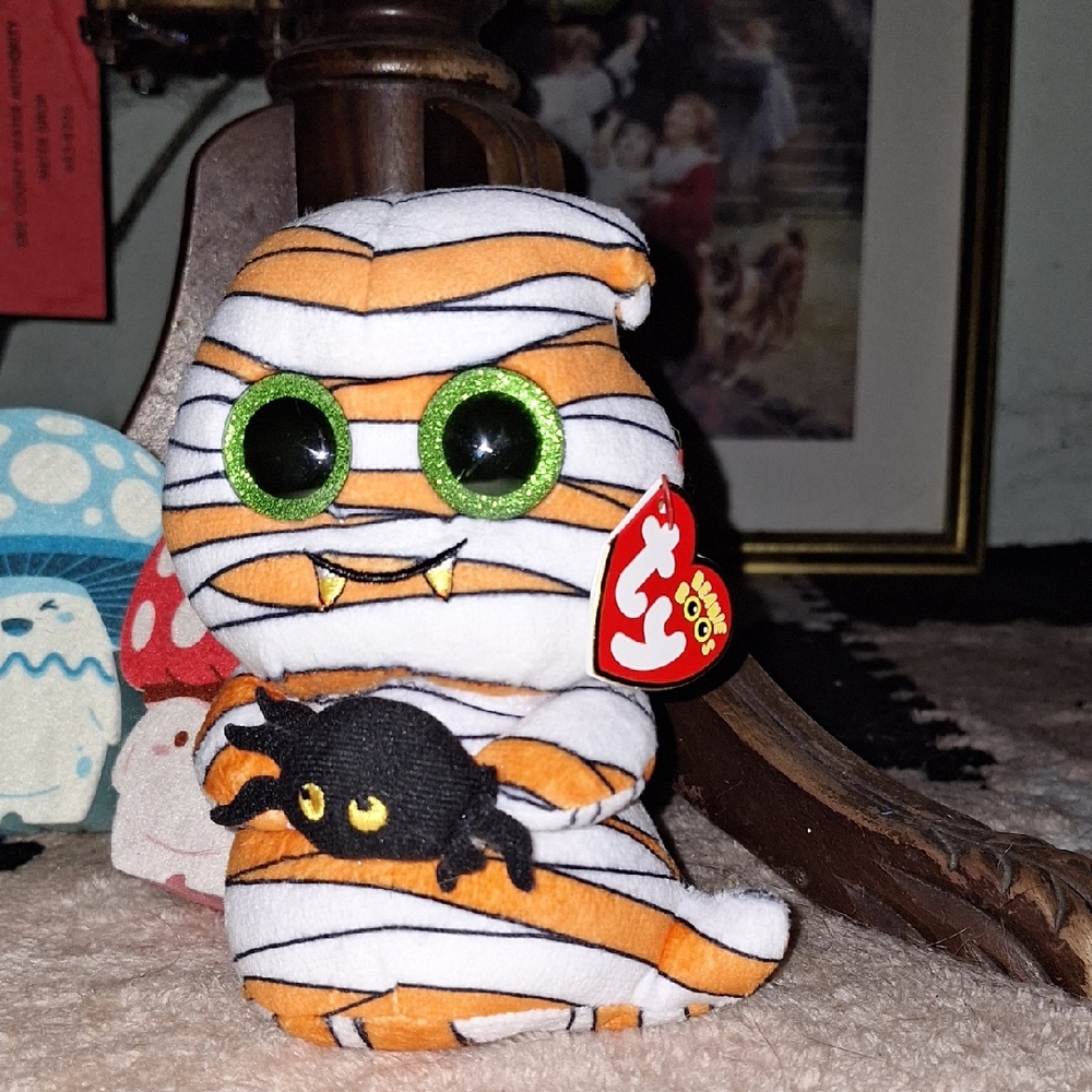 Ty Mummy Plush with Green Eyes and Orange Stripes